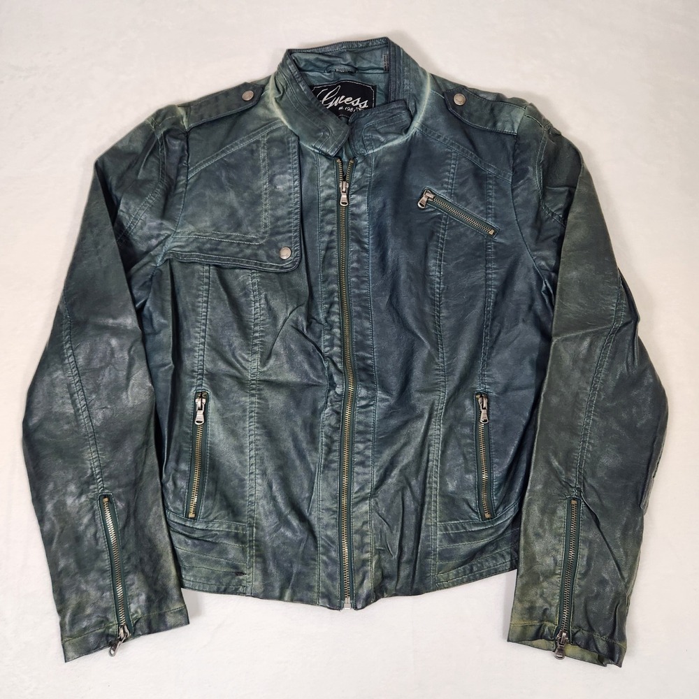 Guess Womens Teal Faux Leather Moto Jacket Distressed Blue Full Zip XL RN54163